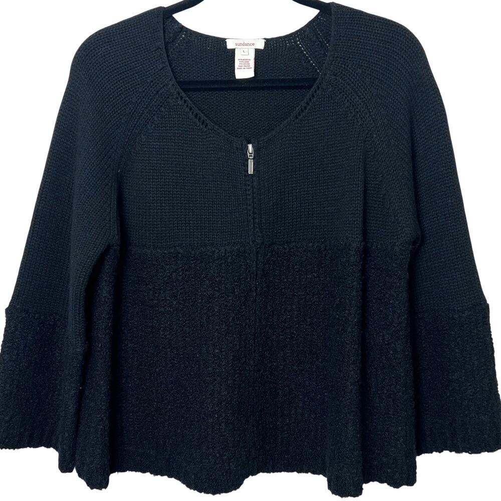 Sundance Textured Knit Zip Front Cardigan Wool Blend Sweater Black Size Large